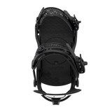 Black snowboard binding with textured footbed and highback adjustment straps