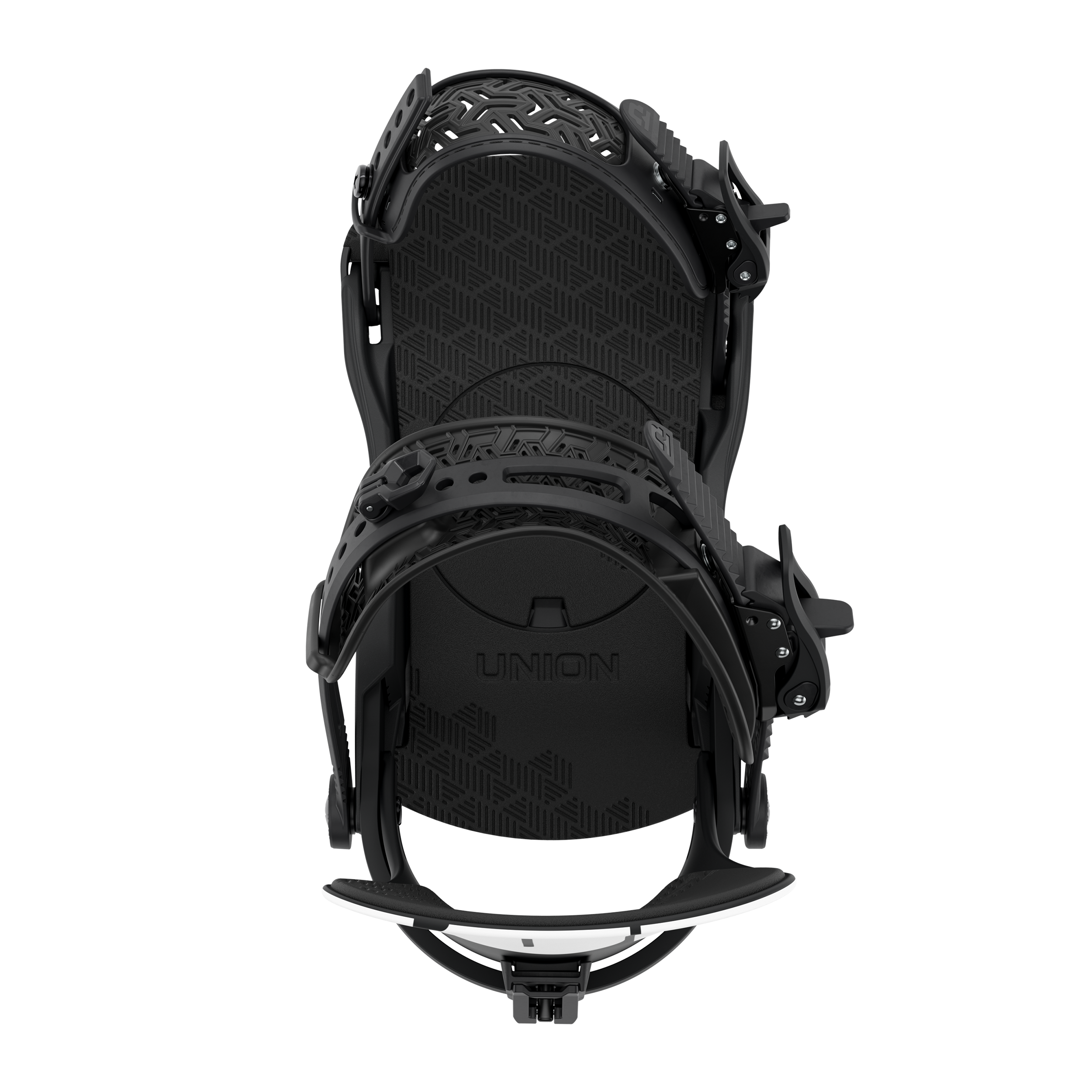 Black snowboard binding with textured footbed and highback adjustment straps