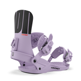 Violet snowboard binding with padded highback and adjustable straps
