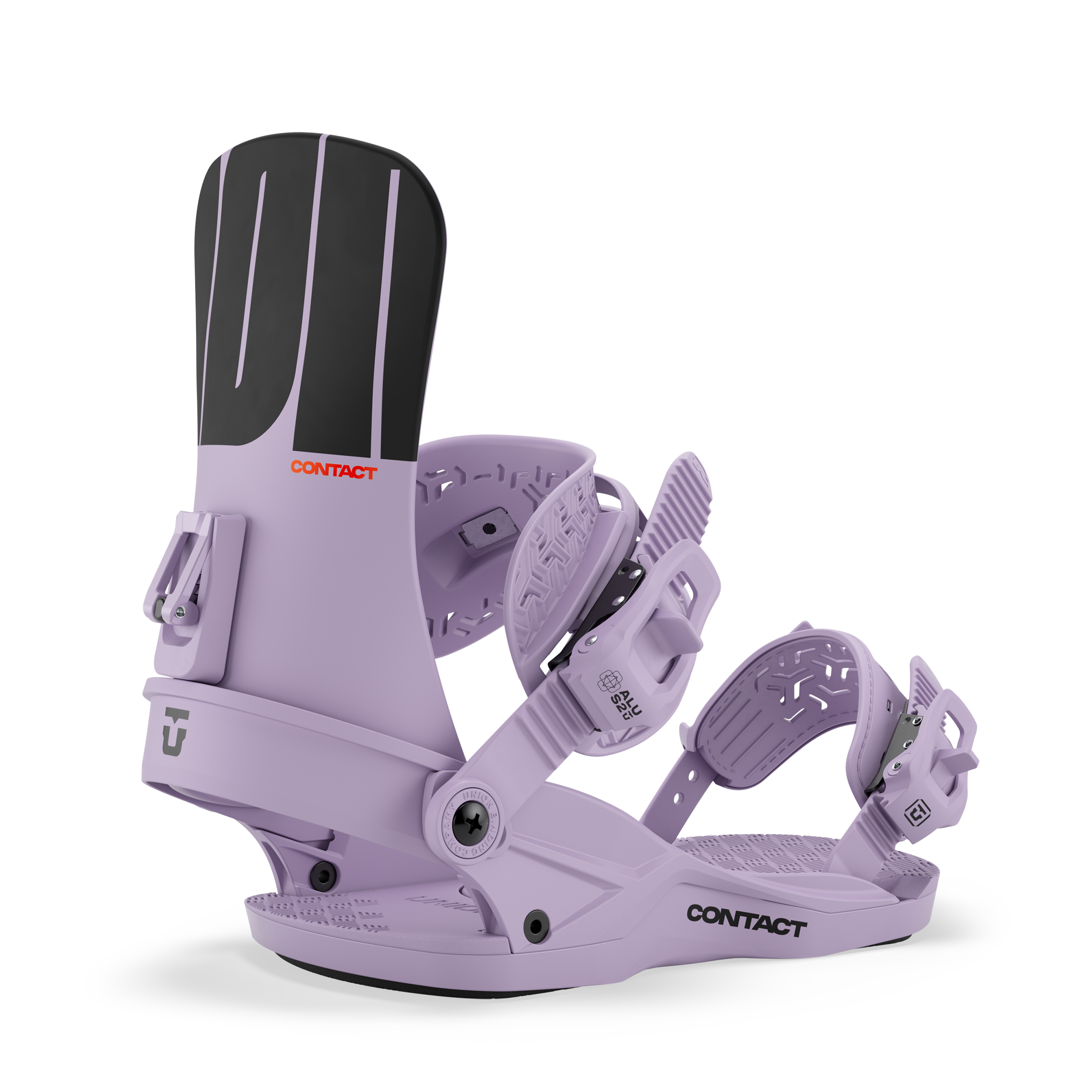 Violet snowboard binding with padded highback and adjustable straps