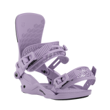 Light violet snowboard binding with padded highback and platform footbed