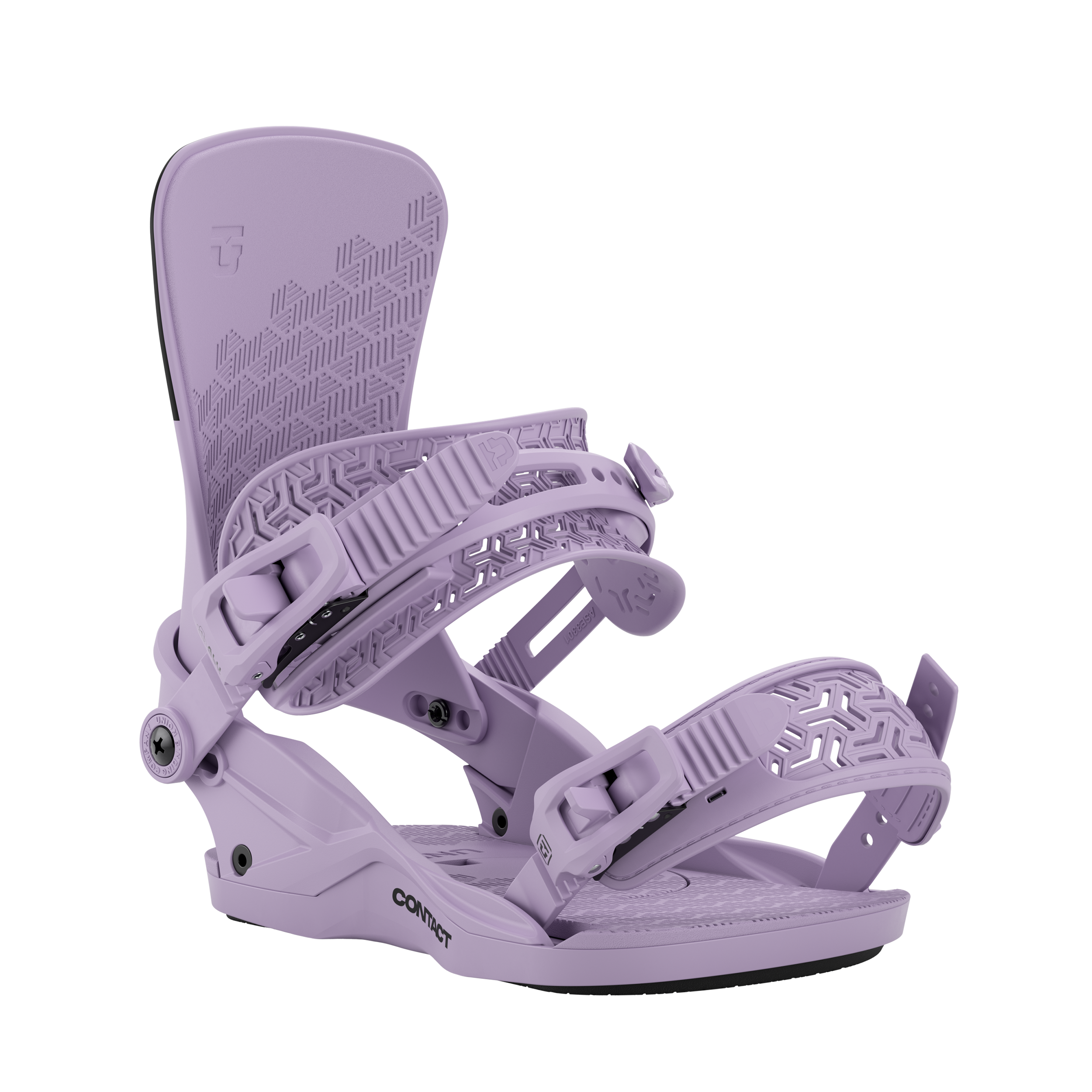 Light violet snowboard binding with padded highback and platform footbed
