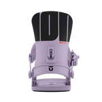 Light violet snowboard binding with centered highback and cushioned footbed pads