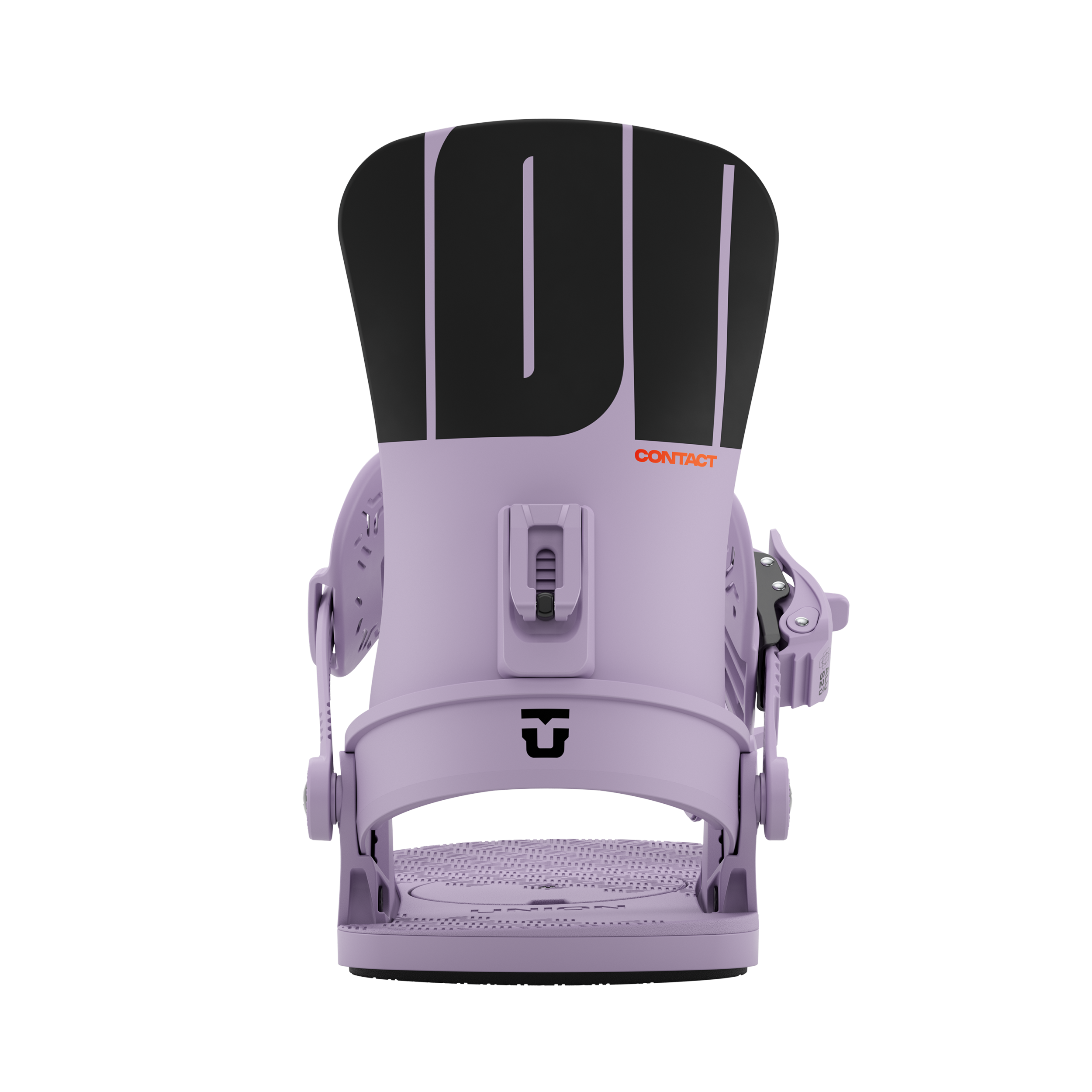 Light violet snowboard binding with centered highback and cushioned footbed pads