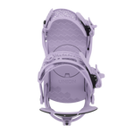 Women’s snowboard binding in violet, top view of footbed and mounting straps