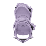 Women’s snowboard binding in violet, top view of footbed and mounting straps