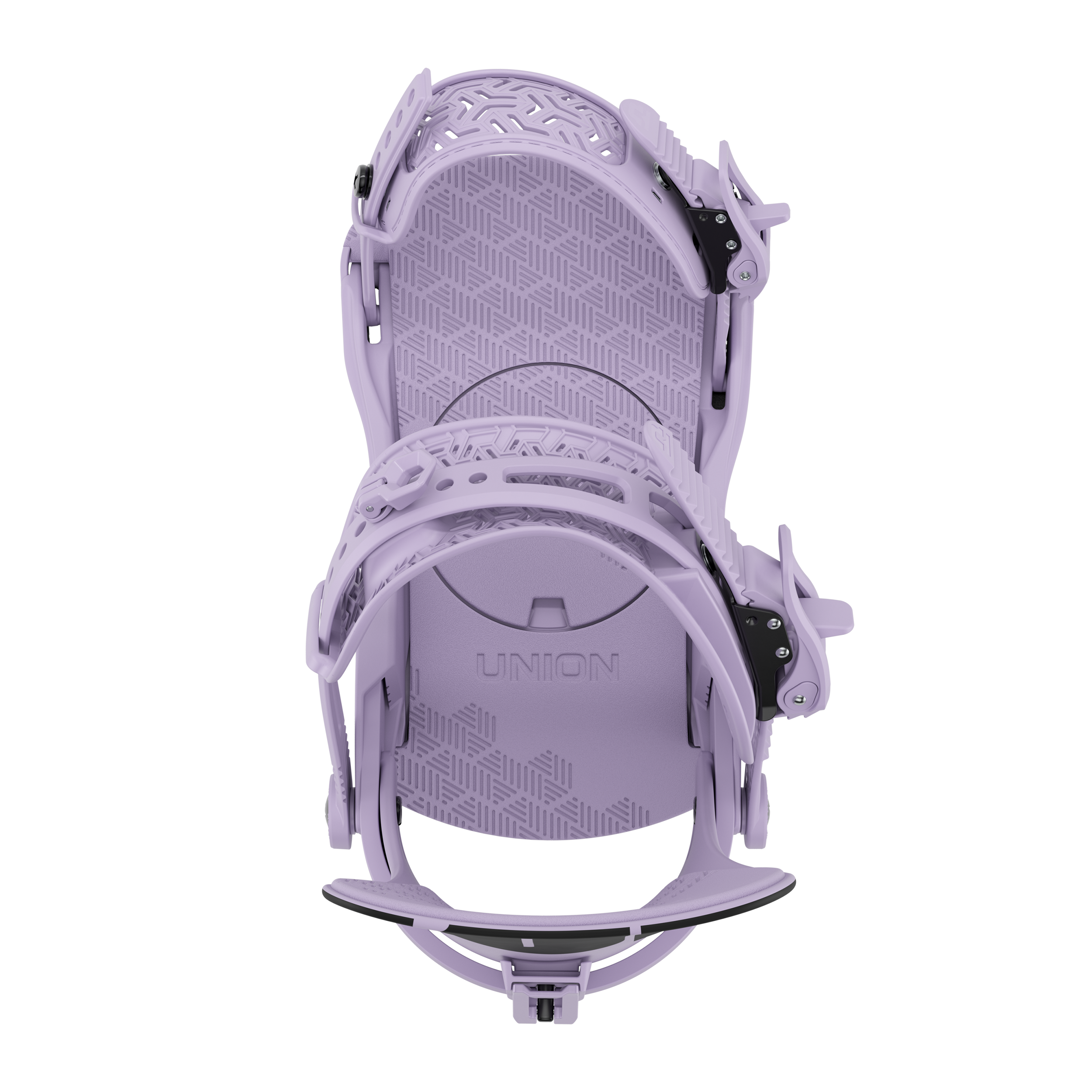 Women’s snowboard binding in violet, top view of footbed and mounting straps