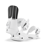 Women’s snowboard binding in white with black stripe heel and toe bindings