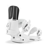 Women’s snowboard binding in white with black stripe heel and toe bindings