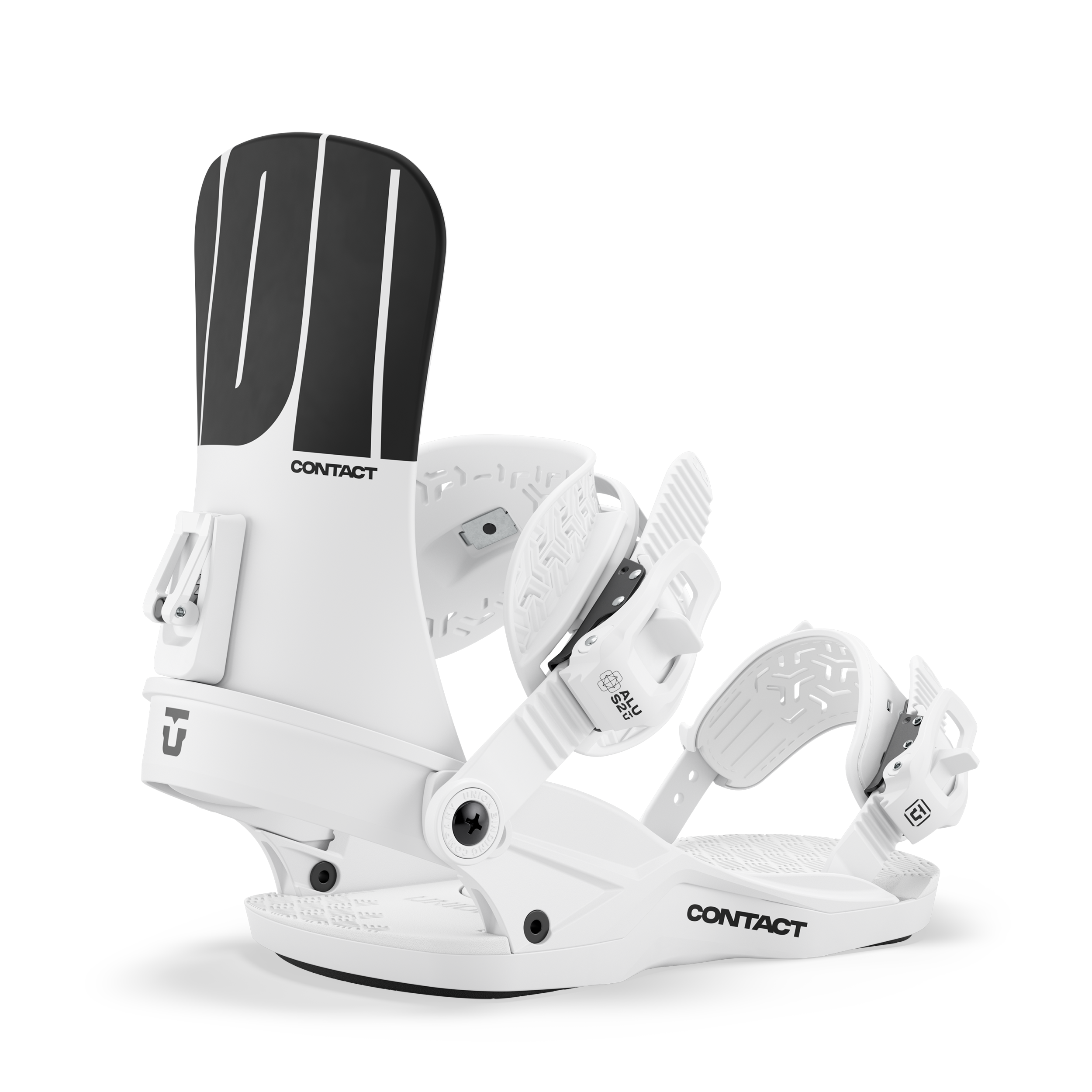 Women’s snowboard binding in white with black stripe heel and toe bindings