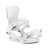 Women’s snowboard binding in white, angled view of straps and textured footbed