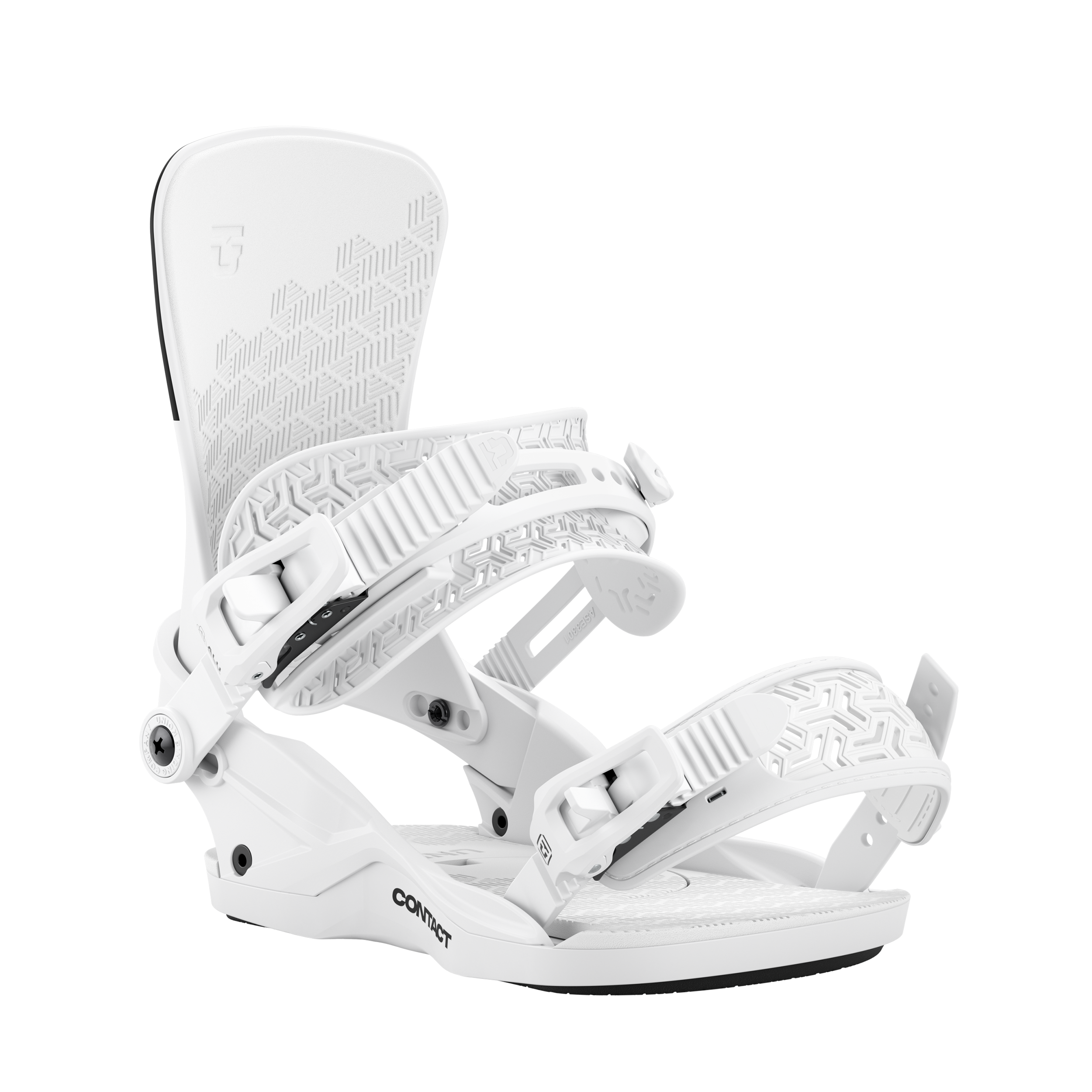 Women’s snowboard binding in white, angled view of straps and textured footbed