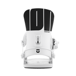 Women’s snowboard binding in white with black logo plate and black stripe base