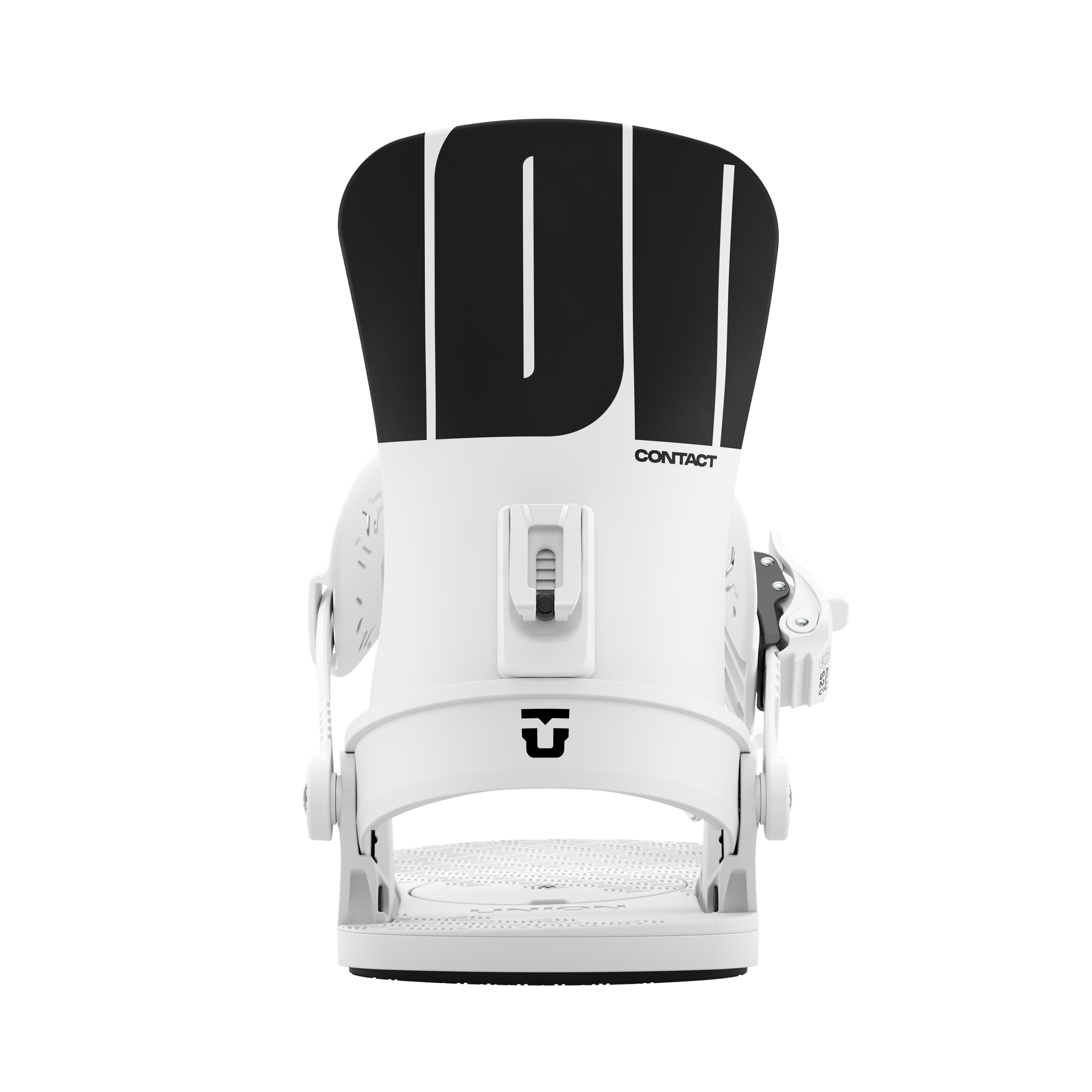 Women’s snowboard binding in white with black logo plate and black stripe base