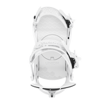 Women’s snowboard binding in white, top view with patterned highback