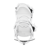 Women’s snowboard binding in white, top view with patterned highback