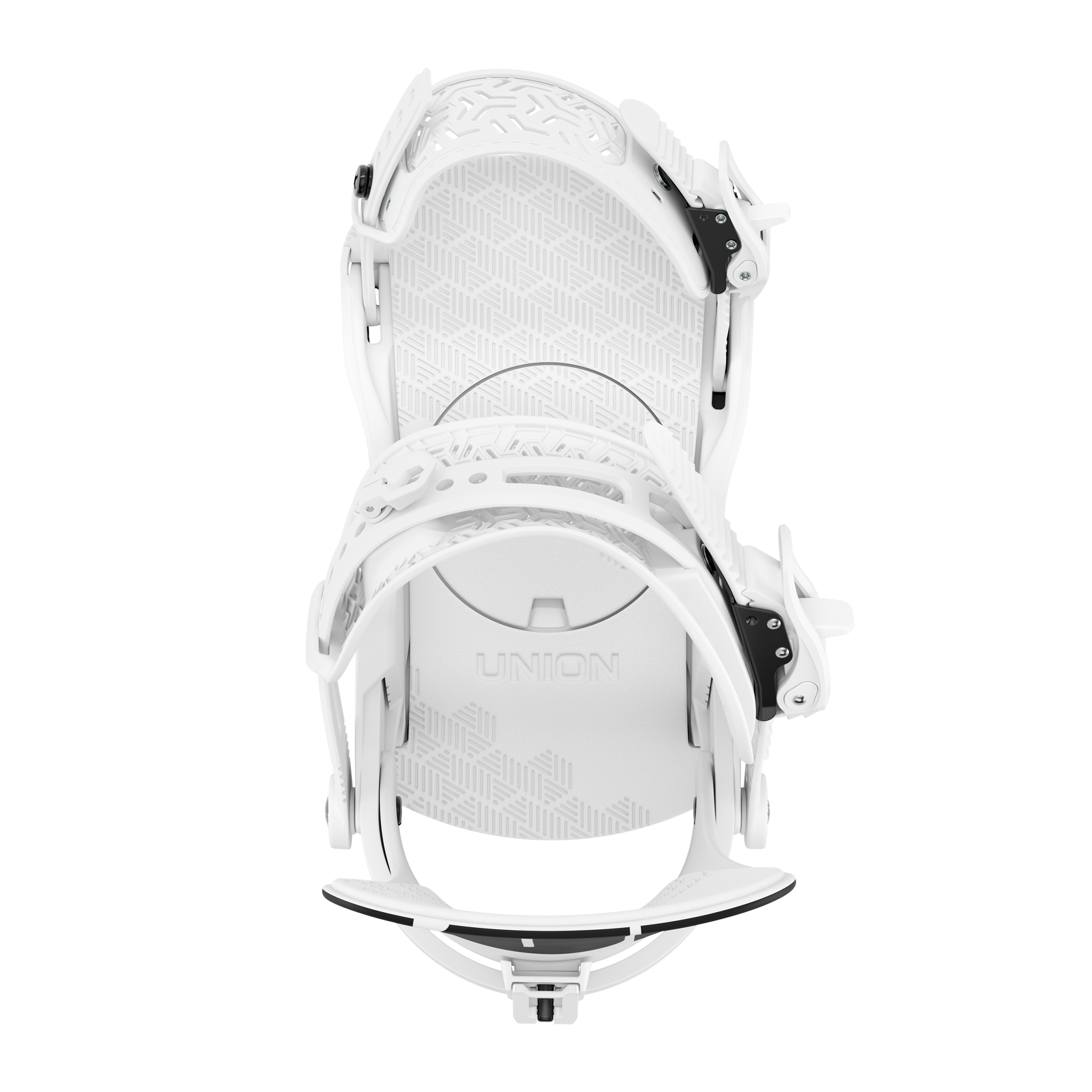 Women’s snowboard binding in white, top view with patterned highback