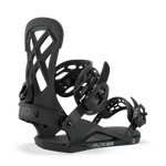 Men's snowboard binding in dark grey/black, side view showing highback and toe strap.
