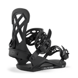 Men's snowboard binding in dark grey/black, side view showing highback and toe strap.
