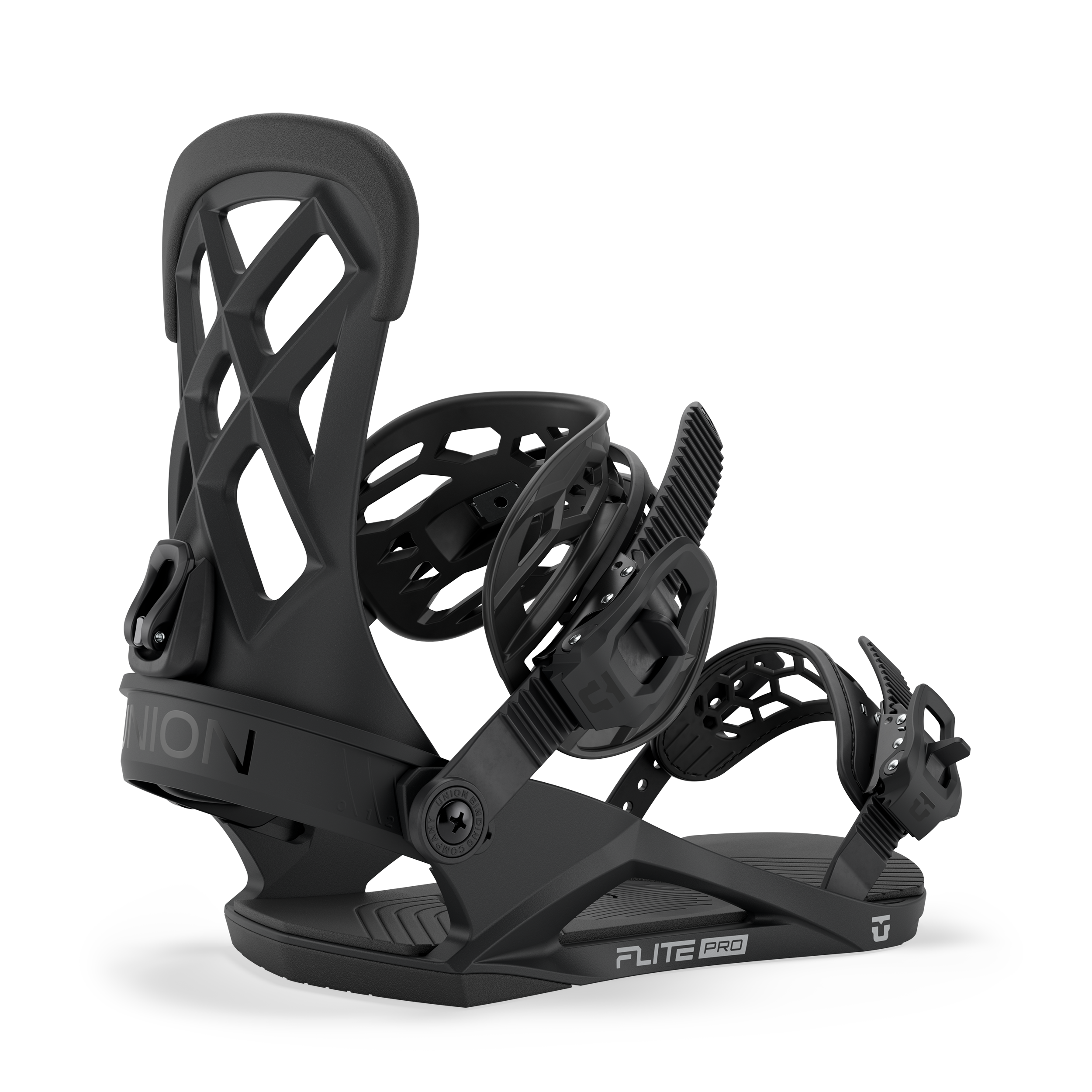 Men's snowboard binding in dark grey/black, side view showing highback and toe strap.