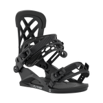 Men's snowboard binding in dark grey/black, angled side view with ribbed strap details.