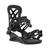 Men's snowboard binding in dark grey/black, angled side view with ribbed strap details.