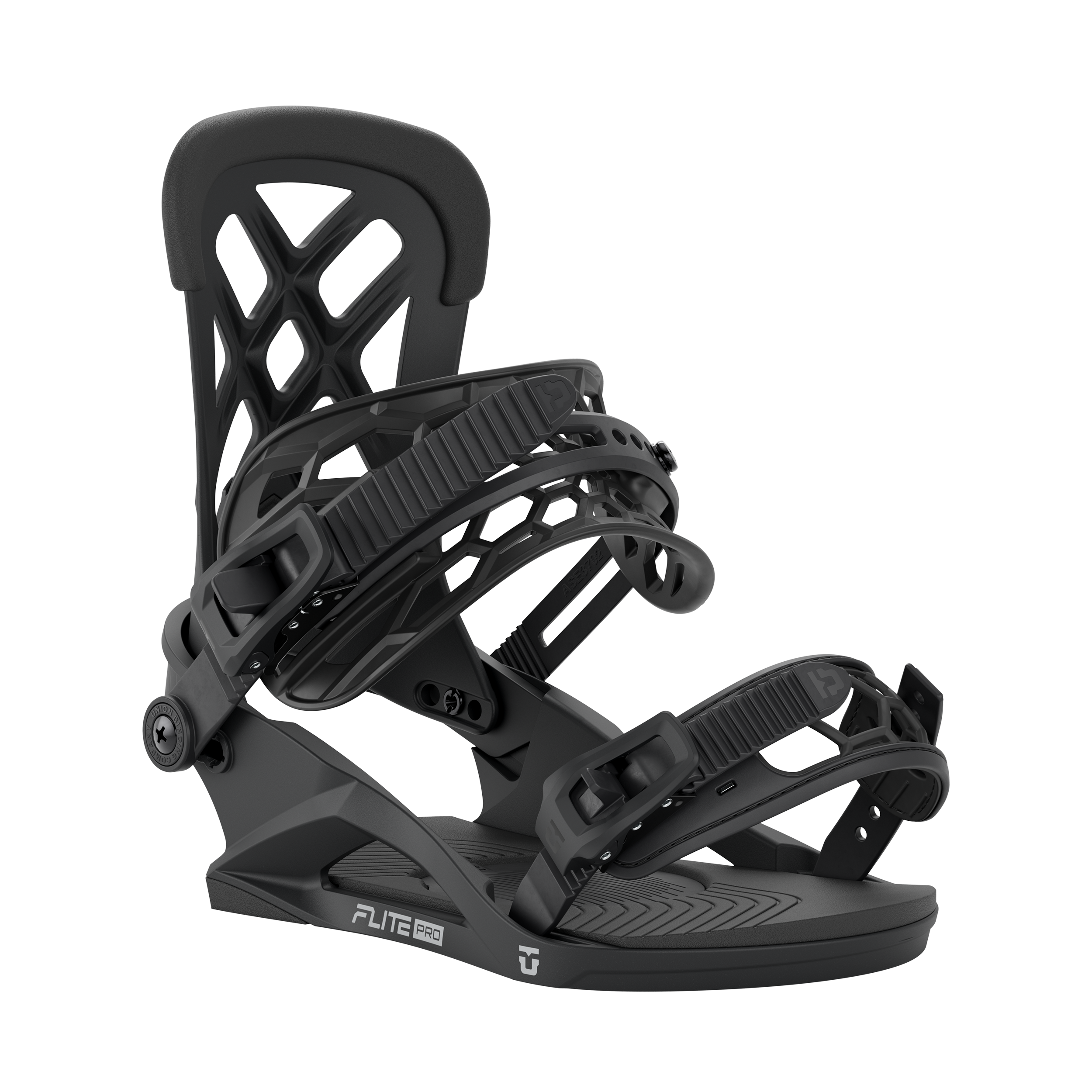Men's snowboard binding in dark grey/black, angled side view with ribbed strap details.
