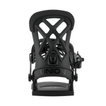 Men's snowboard binding in dark grey/black, front view with highback and ankle strap.