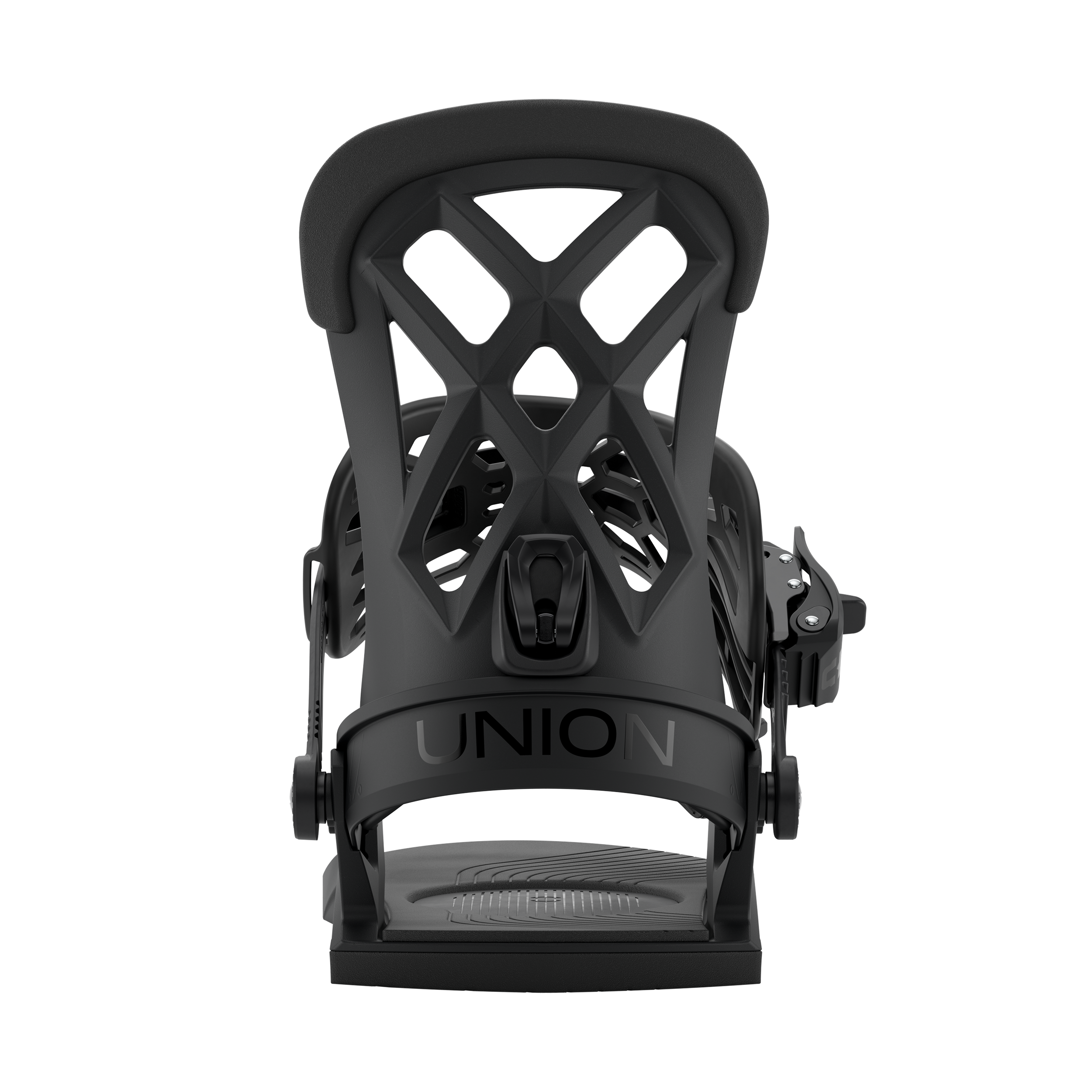 Men's snowboard binding in dark grey/black, front view with highback and ankle strap.