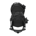 Men's snowboard binding in black, front view with adjustable straps and base plate.