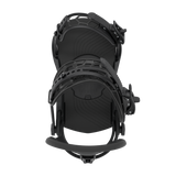 Men's snowboard binding in black, front view with adjustable straps and base plate.