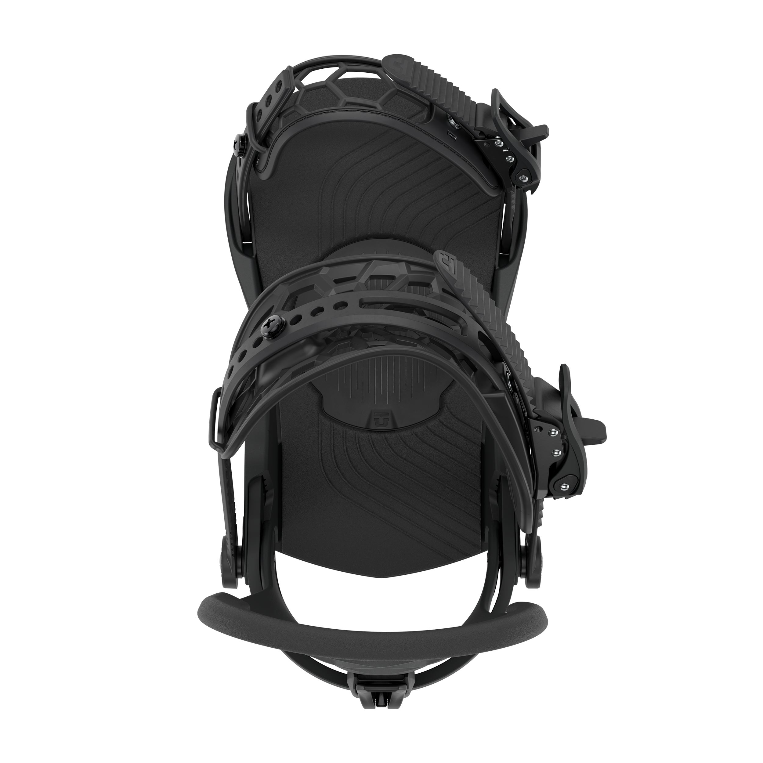 Men's snowboard binding in black, front view with adjustable straps and base plate.