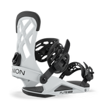 Men's snowboard binding in white with black straps, side view showing highback and base.