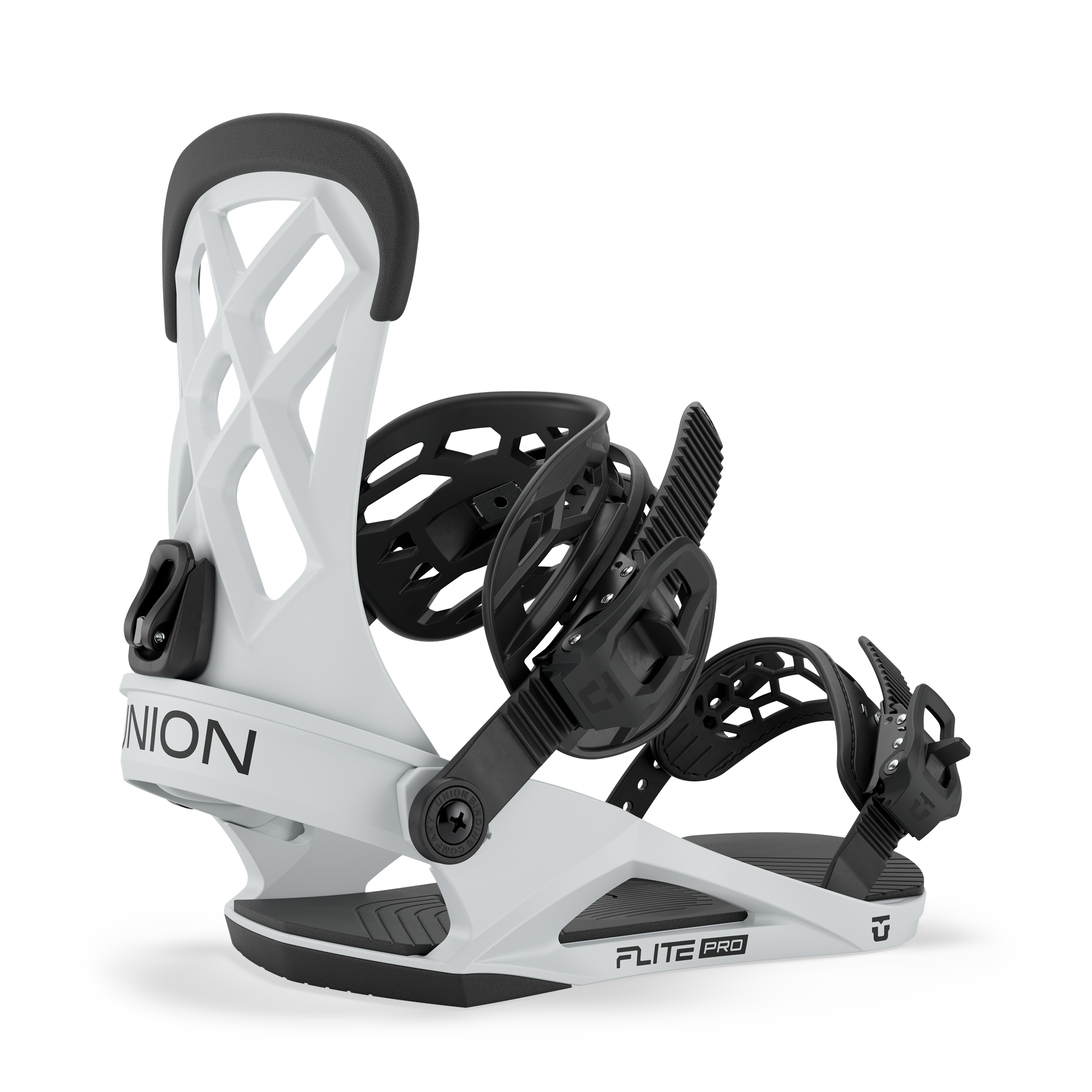 Men's snowboard binding in white with black straps, side view showing highback and base.