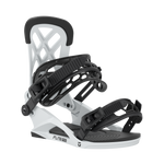 Men's snowboard binding with white base and black frame, side angle view of highback.