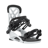Men's snowboard binding with white base and black frame, side angle view of highback.