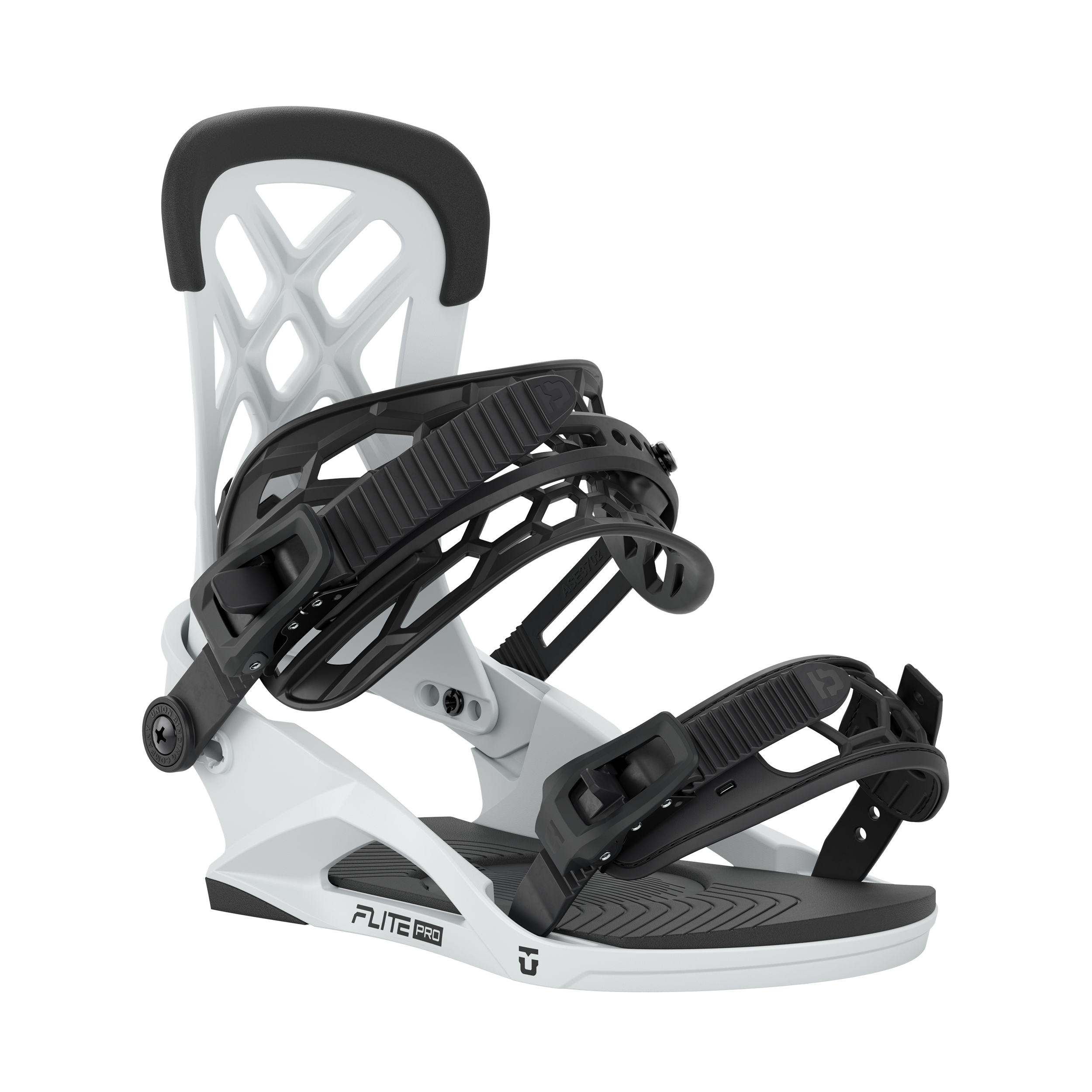 Men's snowboard binding with white base and black frame, side angle view of highback.