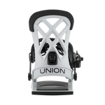Men's snowboard binding in white with black hardware, front view with strapped footbed.