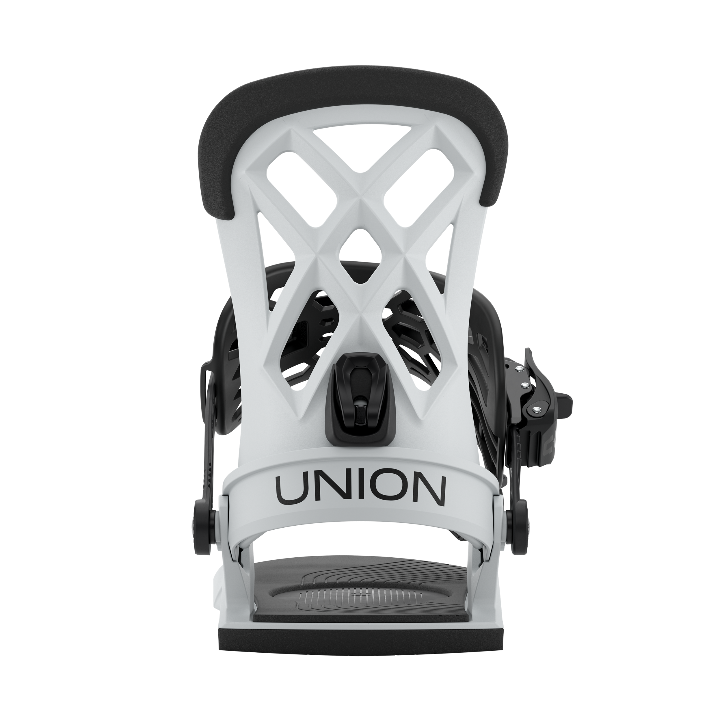 Men's snowboard binding in white with black hardware, front view with strapped footbed.