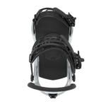 Men's snowboard binding in black with white backplate, front view with strapped base.