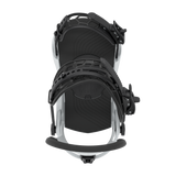 Men's snowboard binding in black with white backplate, front view with strapped base.