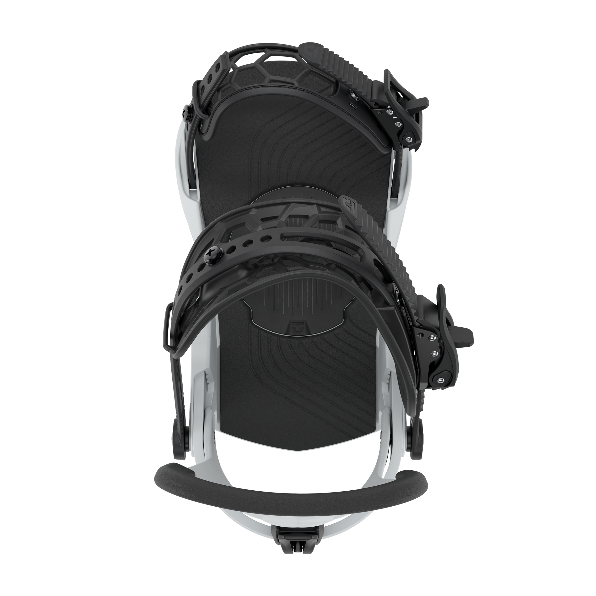 Men's snowboard binding in black with white backplate, front view with strapped base.