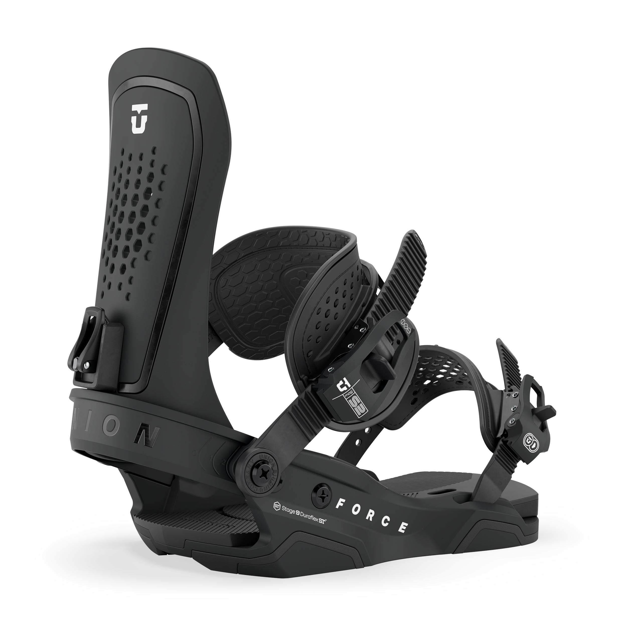 Union Force men’s snowboard binding, black side view with textured highback panel