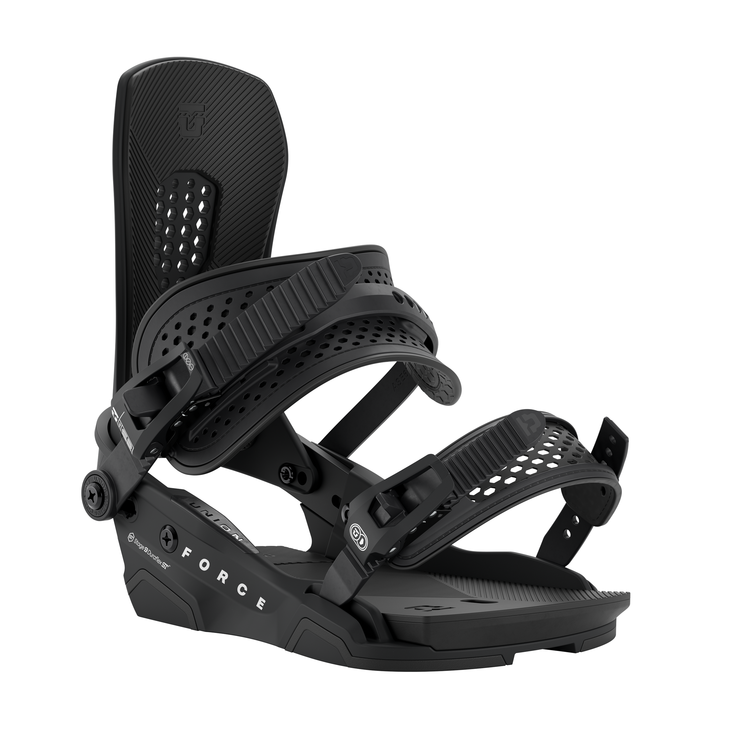 Union Force men’s snowboard binding, black angled view showing base plate and binding hardware