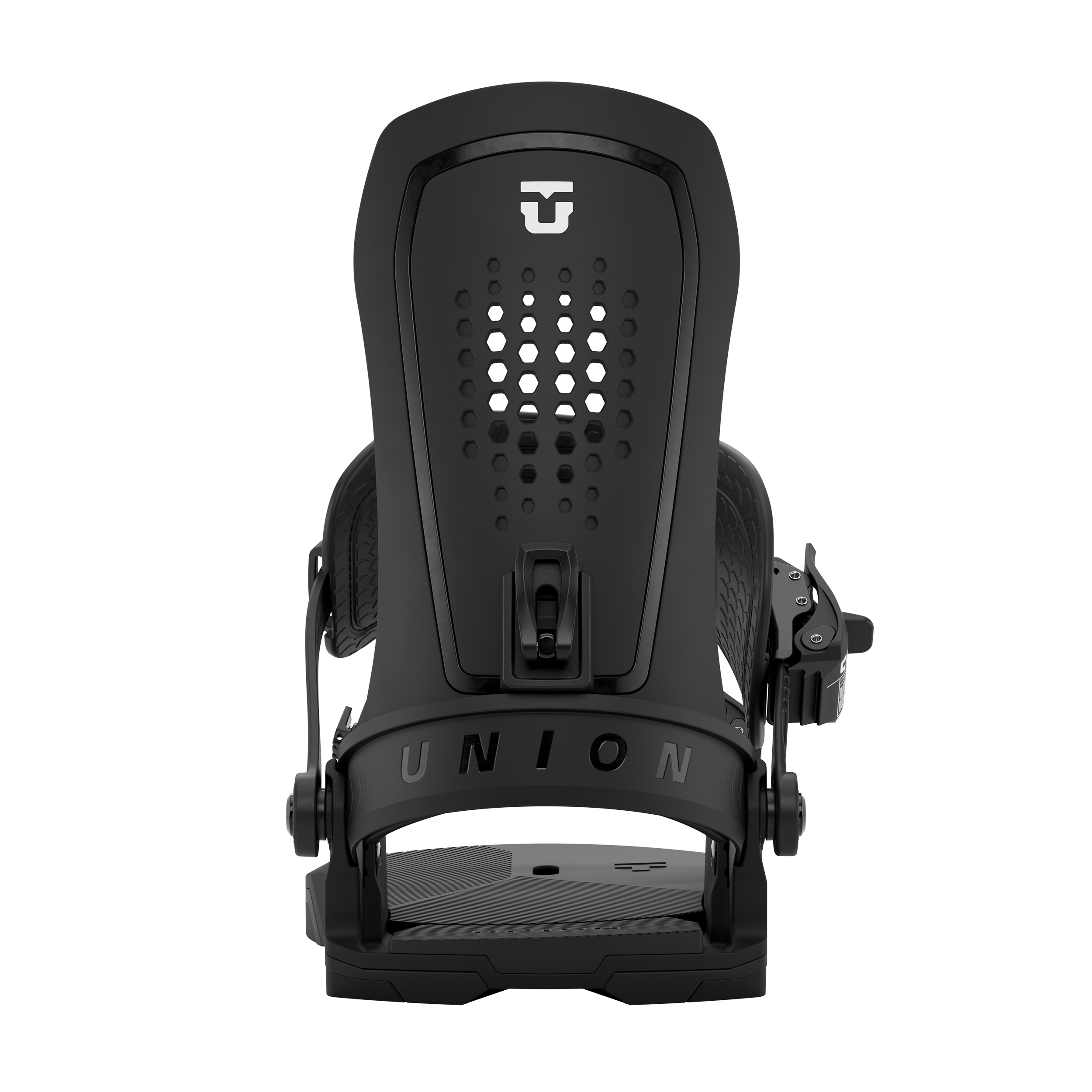 Union Force men’s snowboard binding, black front view with highback and center buckle