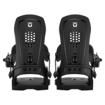 Union Force men’s snowboard binding, black pair front view with two strapped footbeds