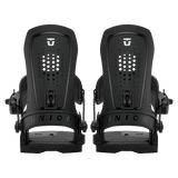 Union Force men’s snowboard binding, black pair front view with two strapped footbeds