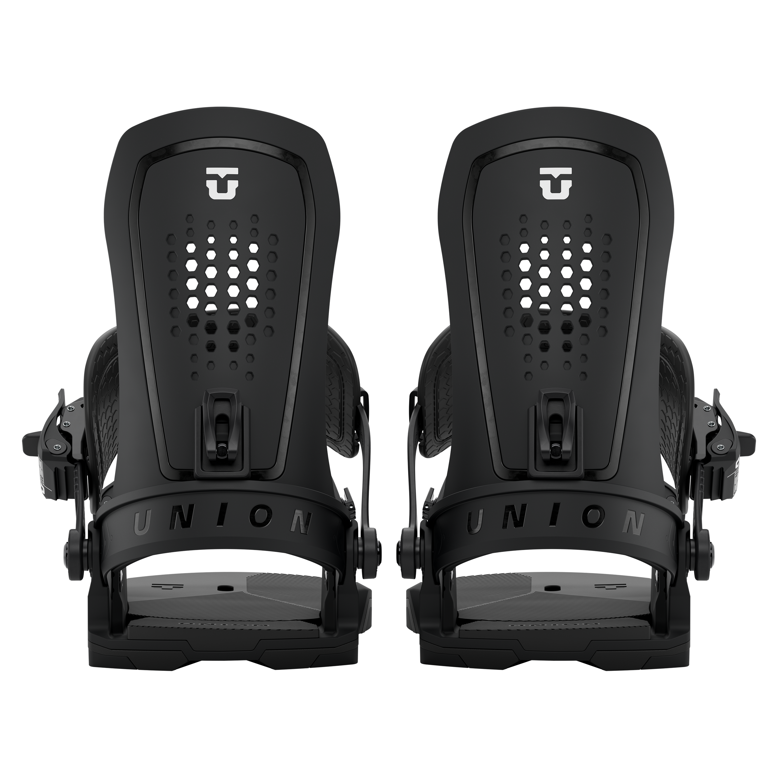 Union Force men’s snowboard binding, black pair front view with two strapped footbeds