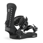 Men's snowboard bindings, dark black finish with blue highlights, angled side view