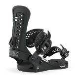 Men's snowboard bindings, dark black finish with blue highlights, angled side view